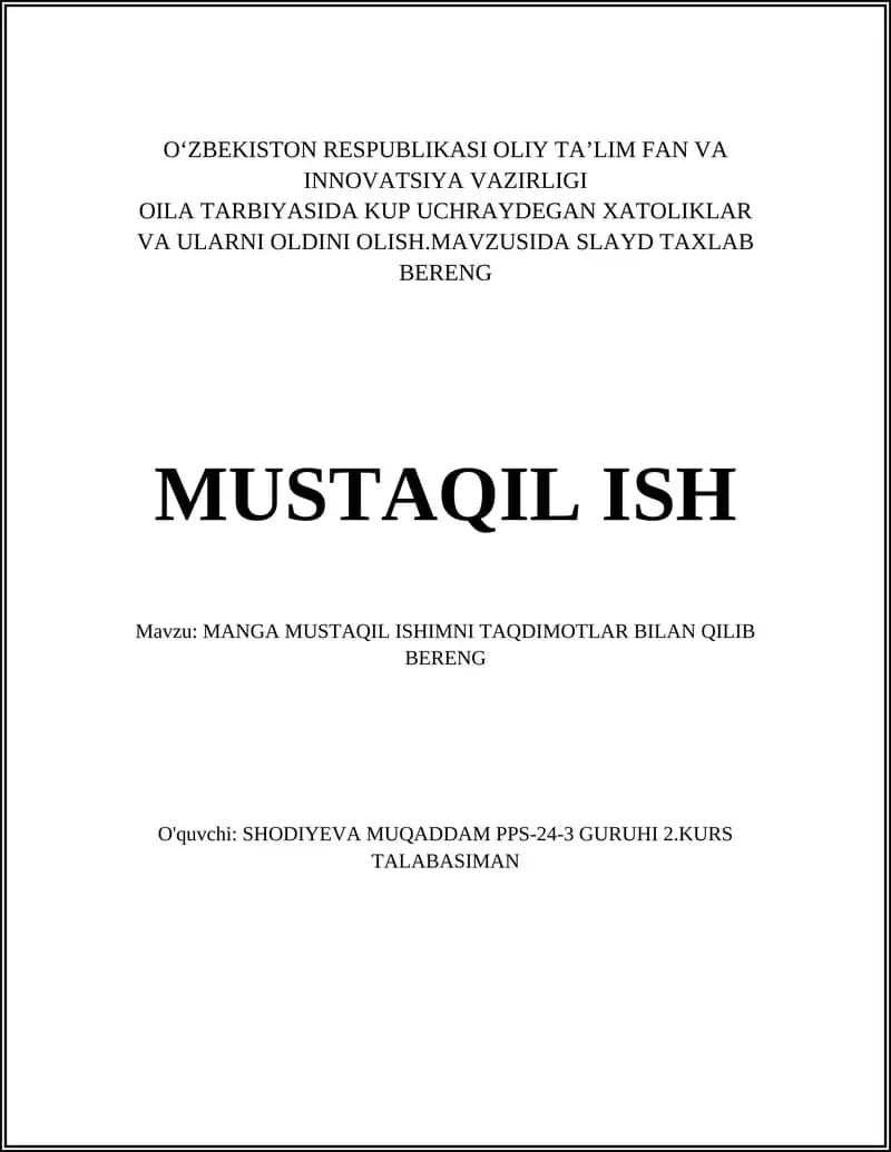 MANGA MUSTAQIL ISHIMNI TAQDIMOTLAR BILAN QILIB BERENG