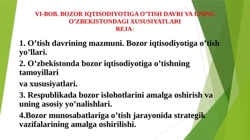Bozor Iqtisodiyotiga O’tish Davri va uning O’zbekistondagi Xususiyatlari