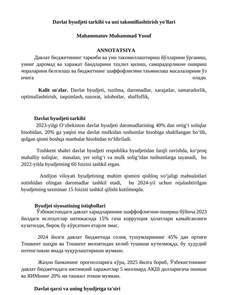 Davlat byudjeti tarkibi va uni takomillashtirish yo'llari