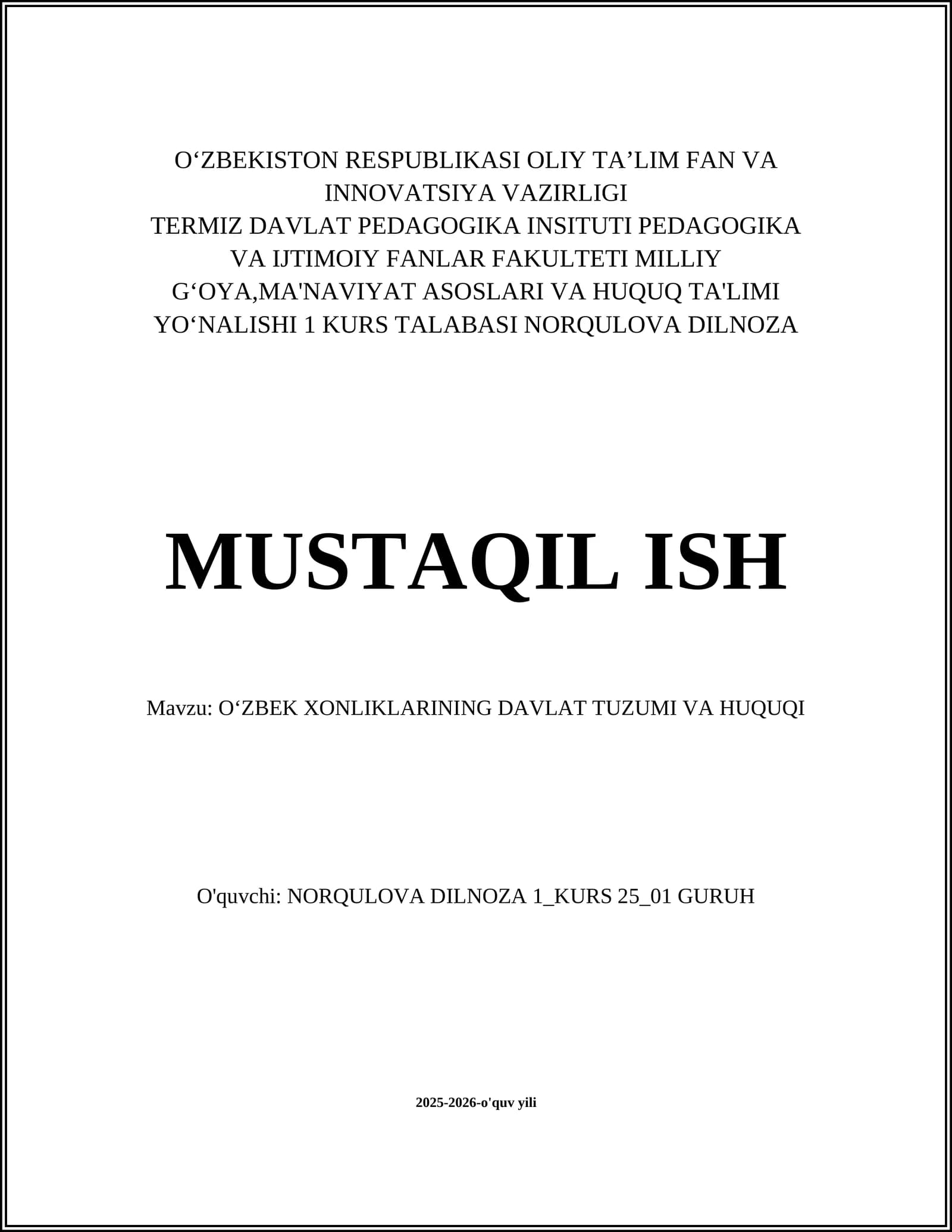 Oʻzbek Xonliklarining Davlat Tuzumi va Huquqi