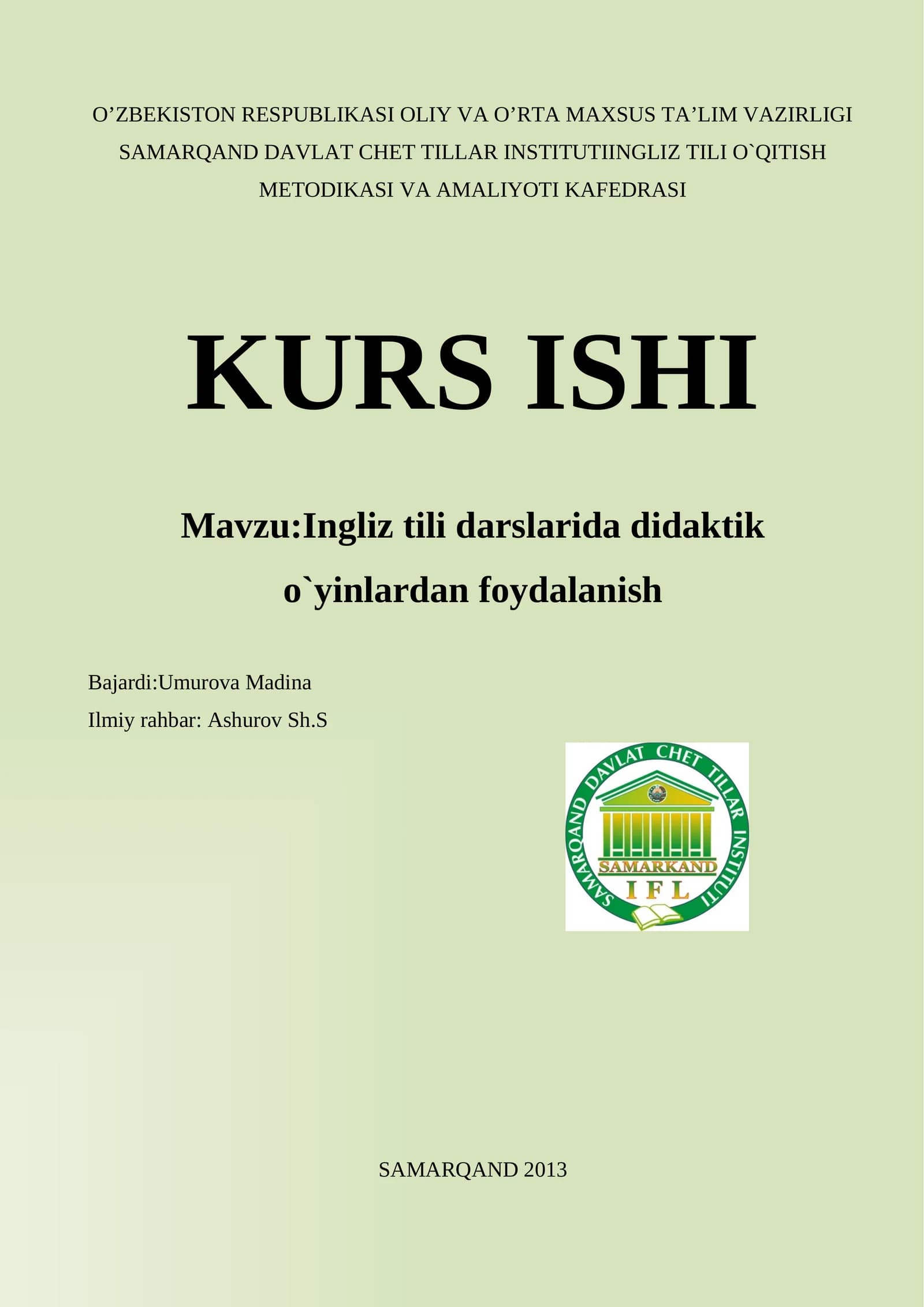 Ingliz tili darslarida didaktik o`yinlardan foydalanish