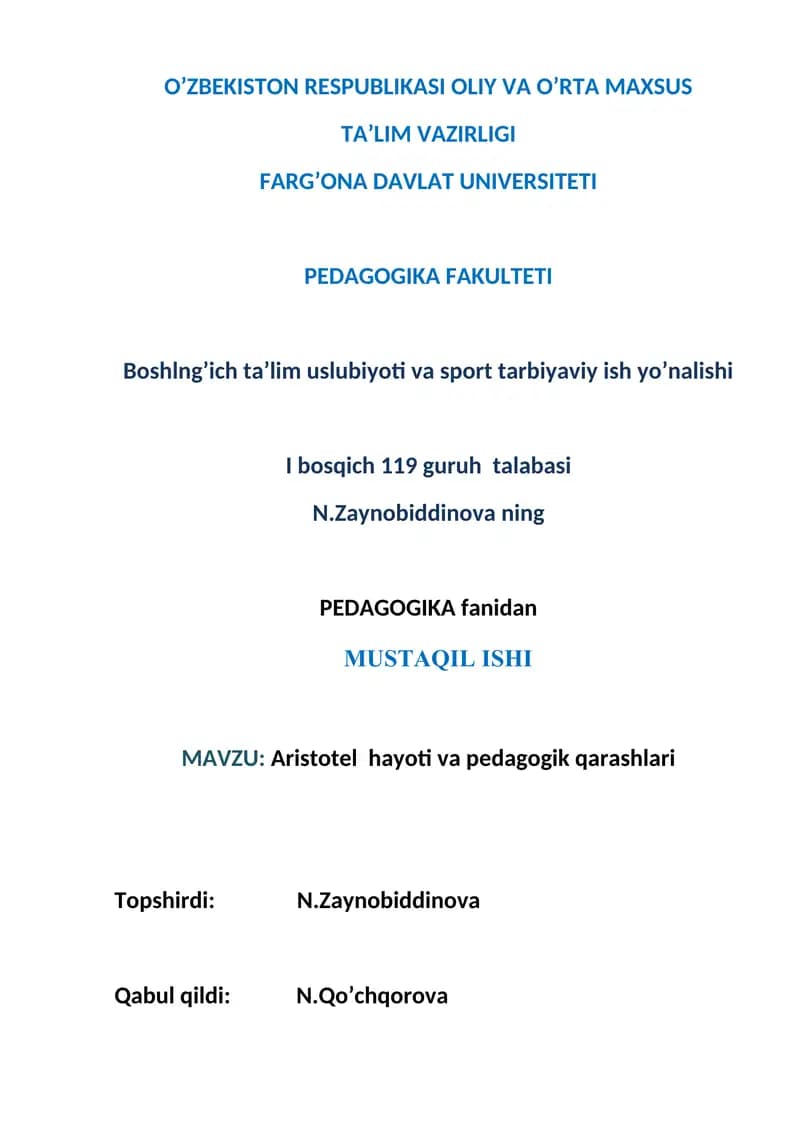 Aristotel hayoti va pedagogik qarashlari