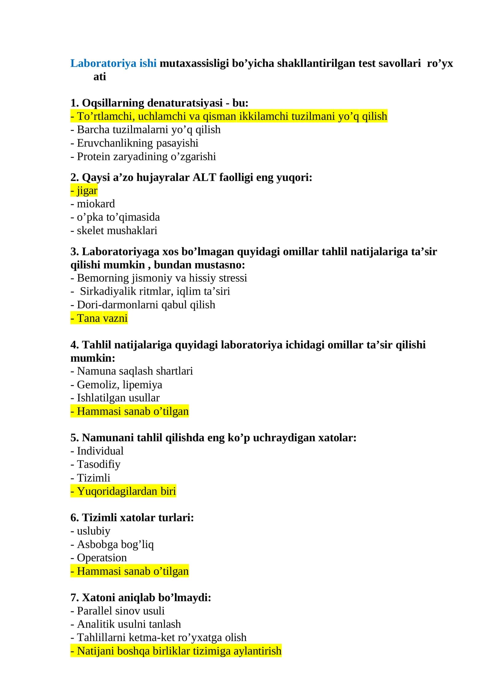 Laboratoriya ishi mutaxassisligi bo’yicha shakllantirilgan test savollari ro’yx ati