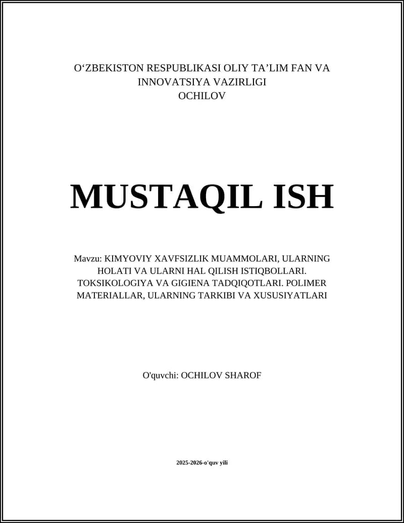 KIMYOVIY XAVFSIZLIK MUAMMOLARI