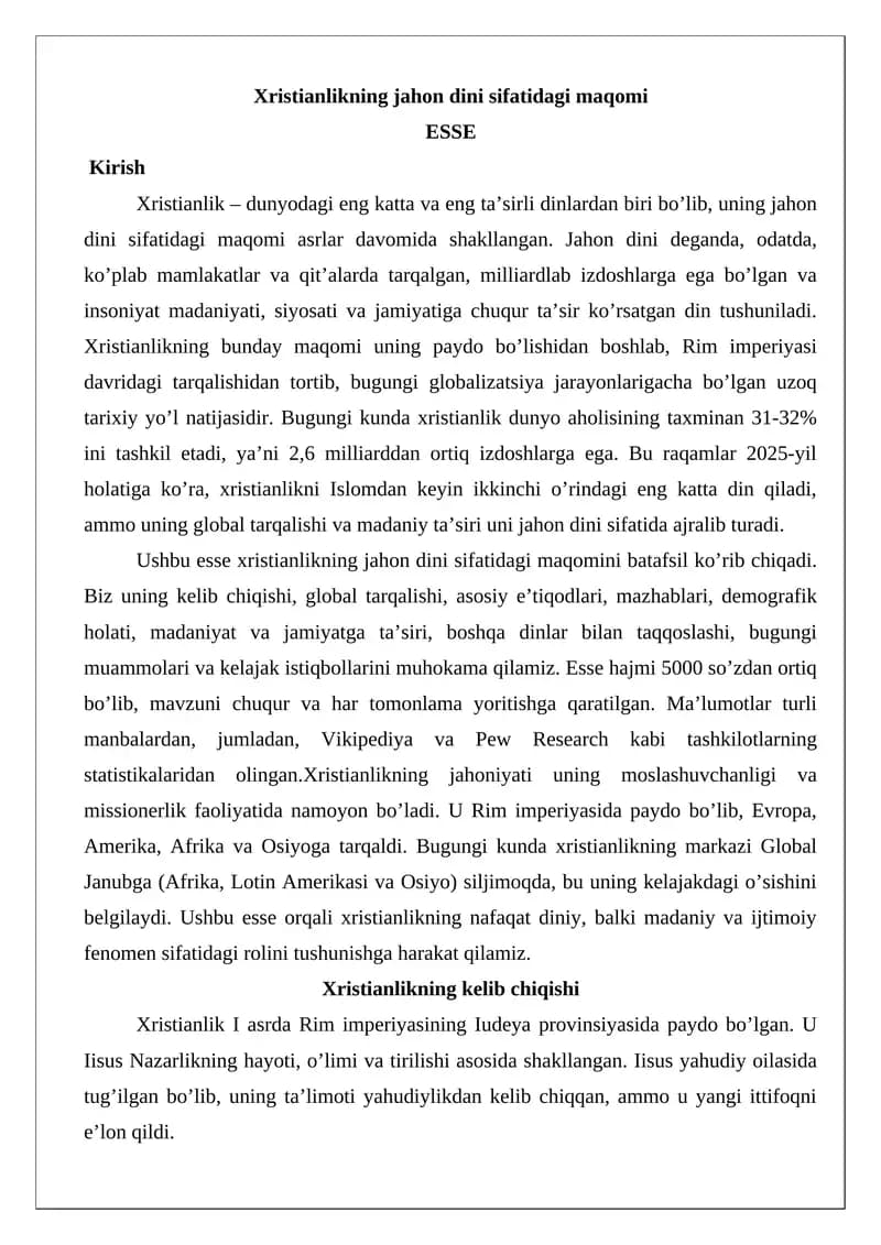 Xristianlikning jahon dini sifatidagi maqomi