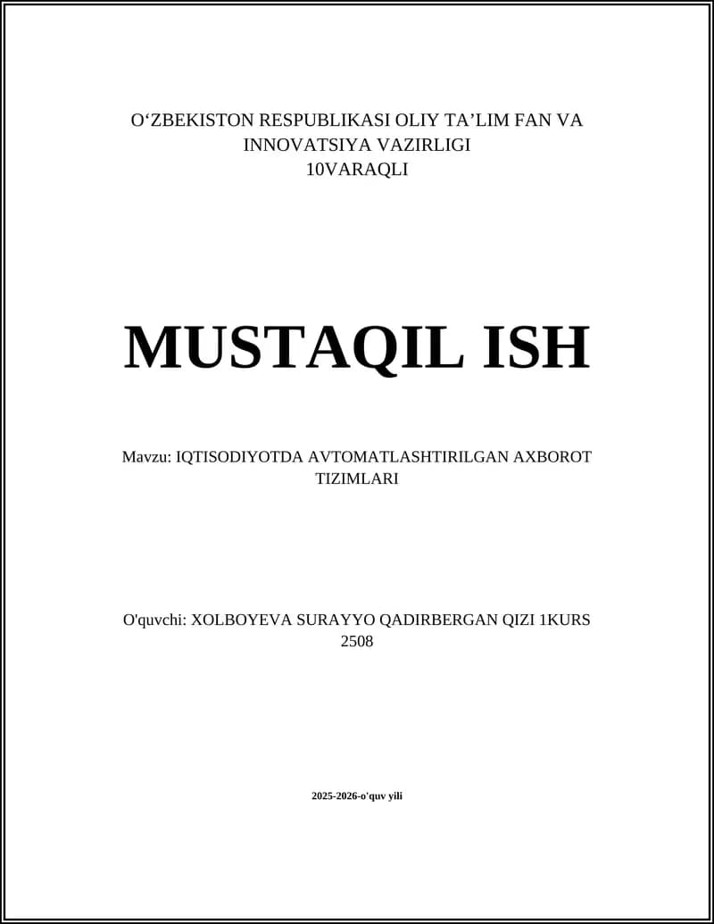 Iqtisodiyotda Avtomatlashtirilgan Axborot Tizimlari