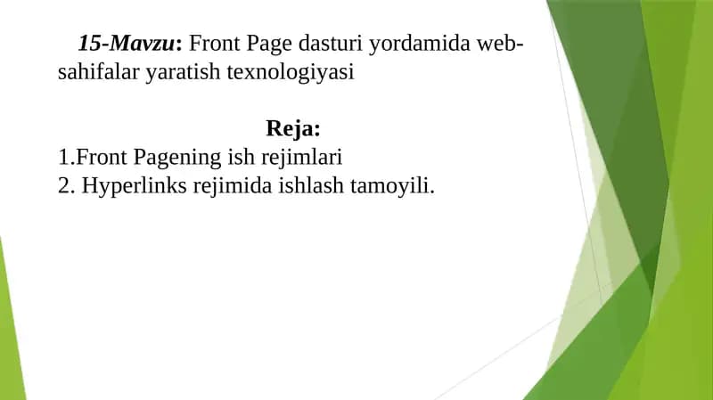 Front Page dasturiy orqali web-sahifalar yaratish texnologiyasi