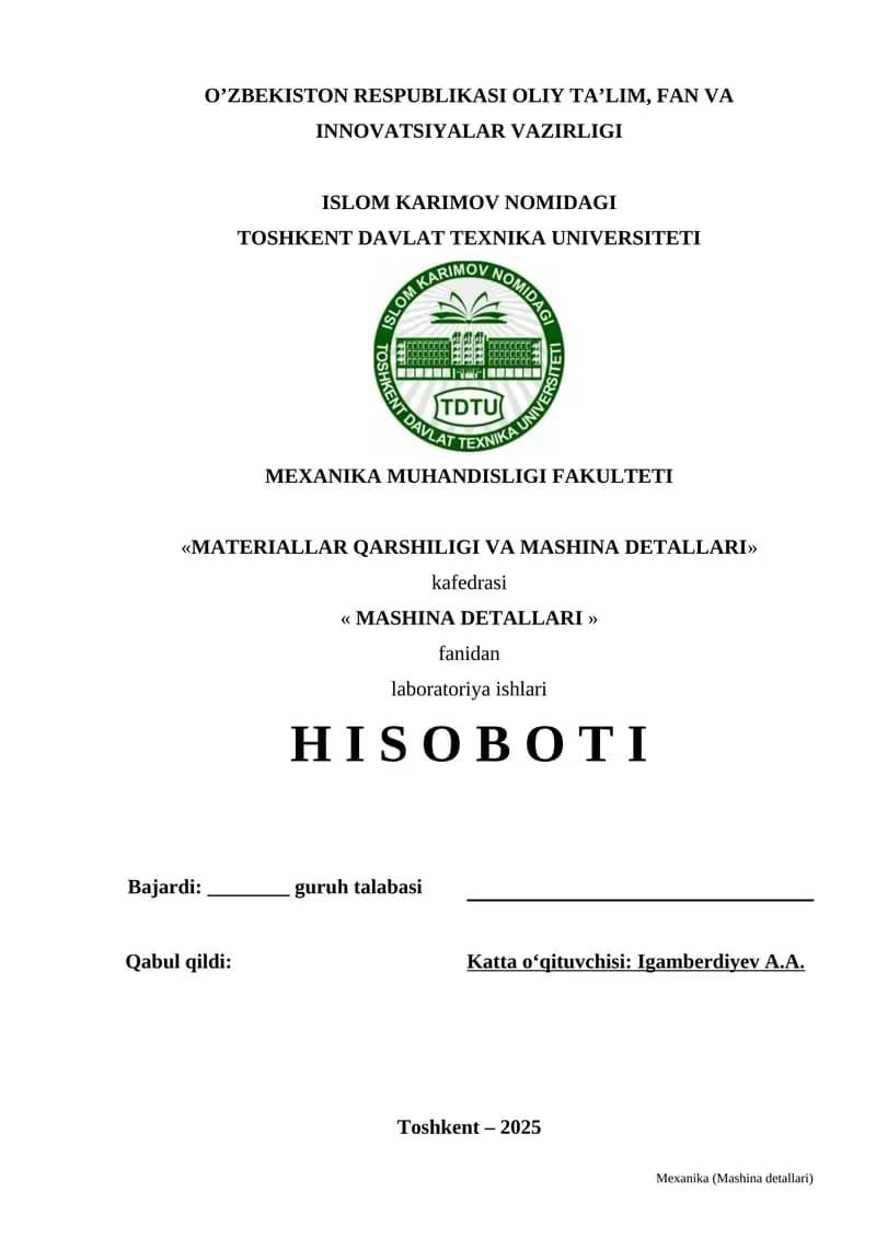 BOLTLI BIRIKMANING REZBASIDAGI VA GAYKA YON SIRTIDAGI ISHQALANISH KOEFFISIYENTINI ANIQLASH
