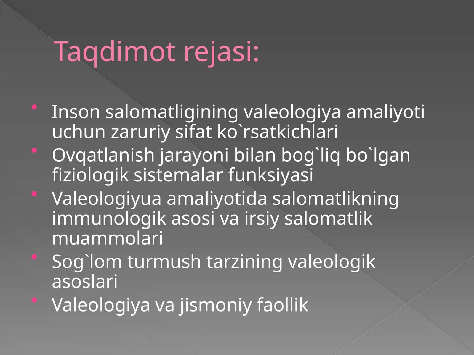 Inson salomatligining valeologiyaamaliyoti uchun zaruriy sifat ko`rsatkichlari