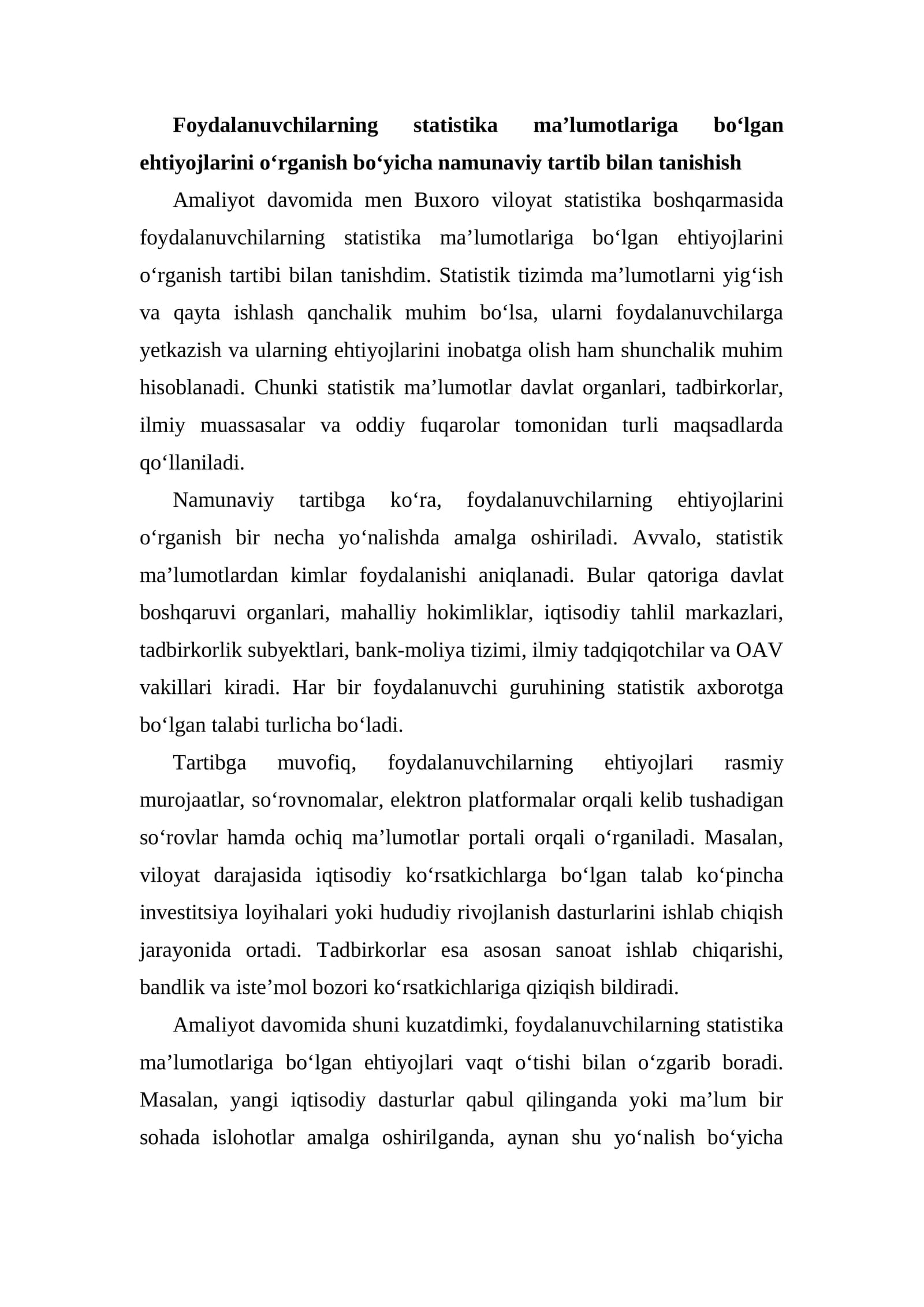 Foydalanuvchilarning statistika ma’lumotlariga bo‘lgan ehtiyojlarini o‘rganish