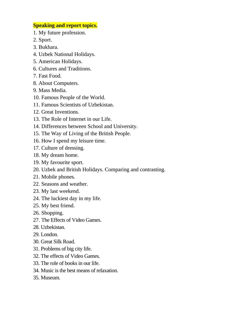 Speaking and report topics