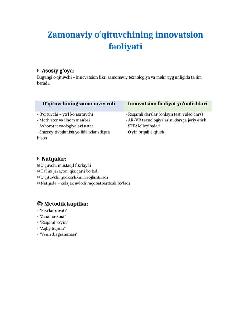 ZAMONAVIY O‘QITUVCHINING  INNOVATSION FAOLIYATI