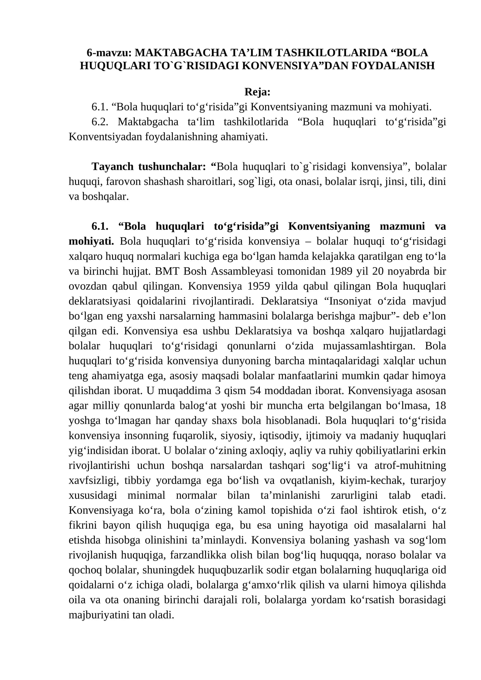 MAKTABGACHA TA’LIM TASHKILOTLARIDA “BOLA HUQUQLARI TO`G`RISIDAGI KONVENSIYA”DAN FOYDALANISH