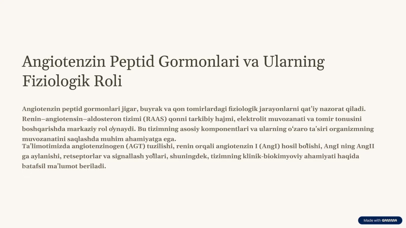 Angiotenzin Peptid Gormonlari va Ularning Fiziologik Roli