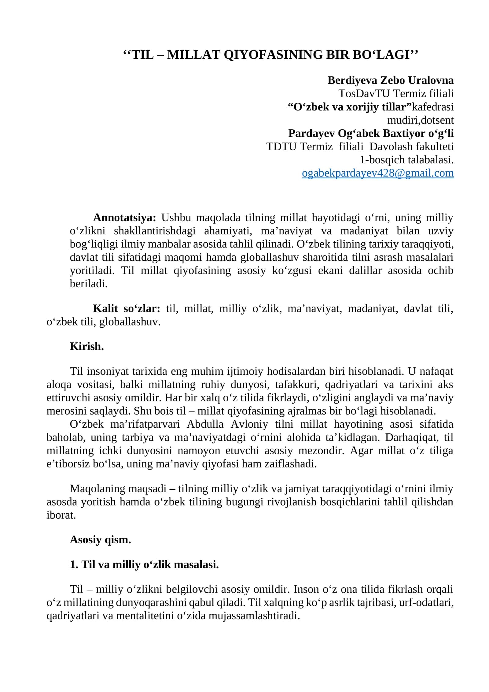 TIL – MILLAT QIYOFASINING BIR BO‘LAGI