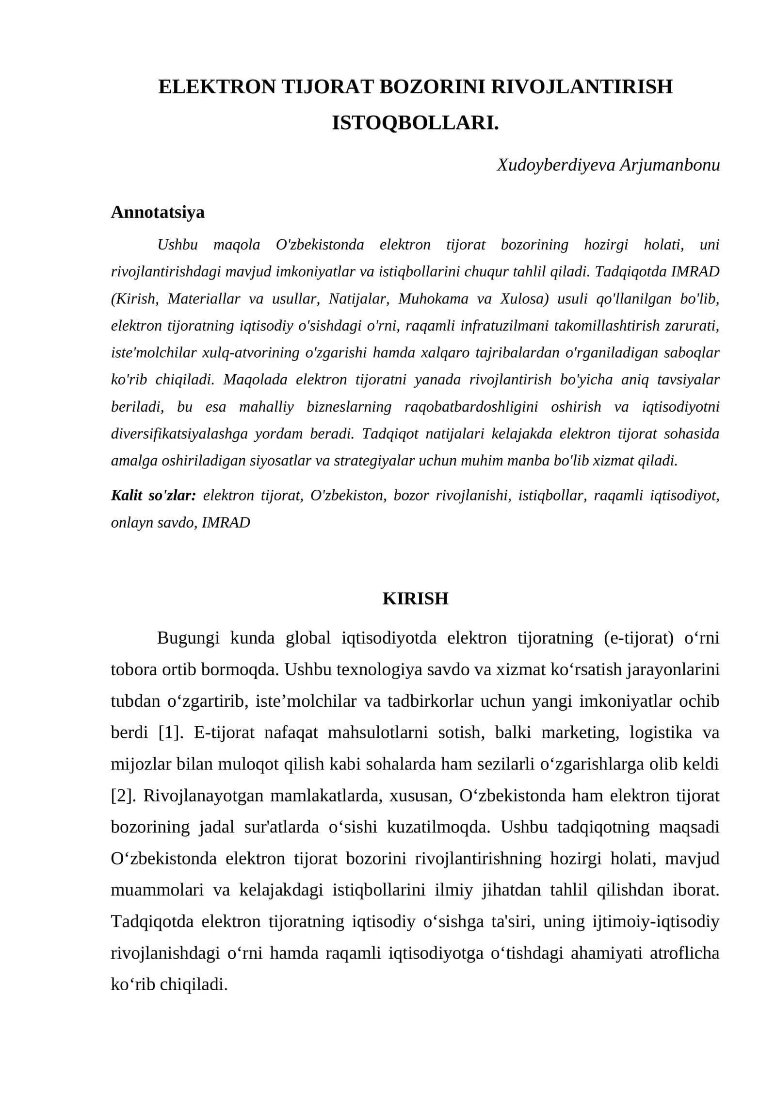 ELEKTRON TIJORAT BOZORINI RIVOJLANTIRISH ISTOQBOLLARI