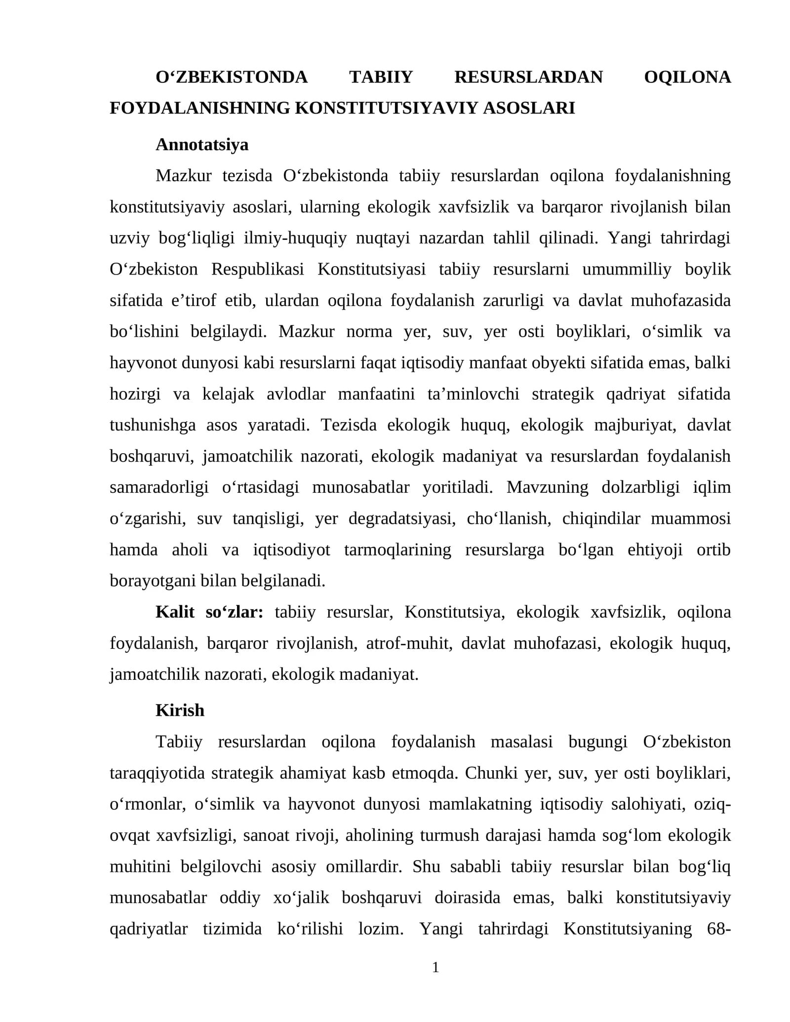 OʻZBEKISTONDA TABIIY RESURSLARDAN OQILONA FOYDALANISHNING KONSTITUTSIYAVIY ASOSLARI