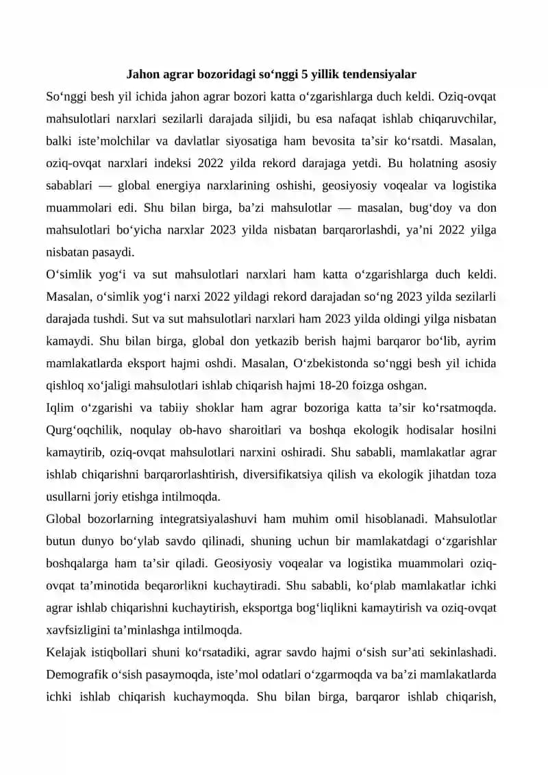 Jahon agrar bozoridagi so‘nggi 5 yillik tendensiyalar