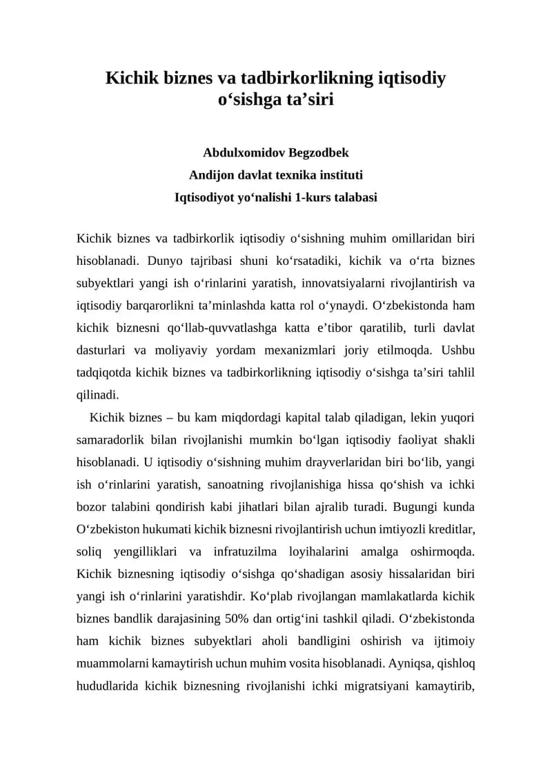 Kichik biznes va tadbirkorlikning iqtisodiy o‘sishga ta’siri
