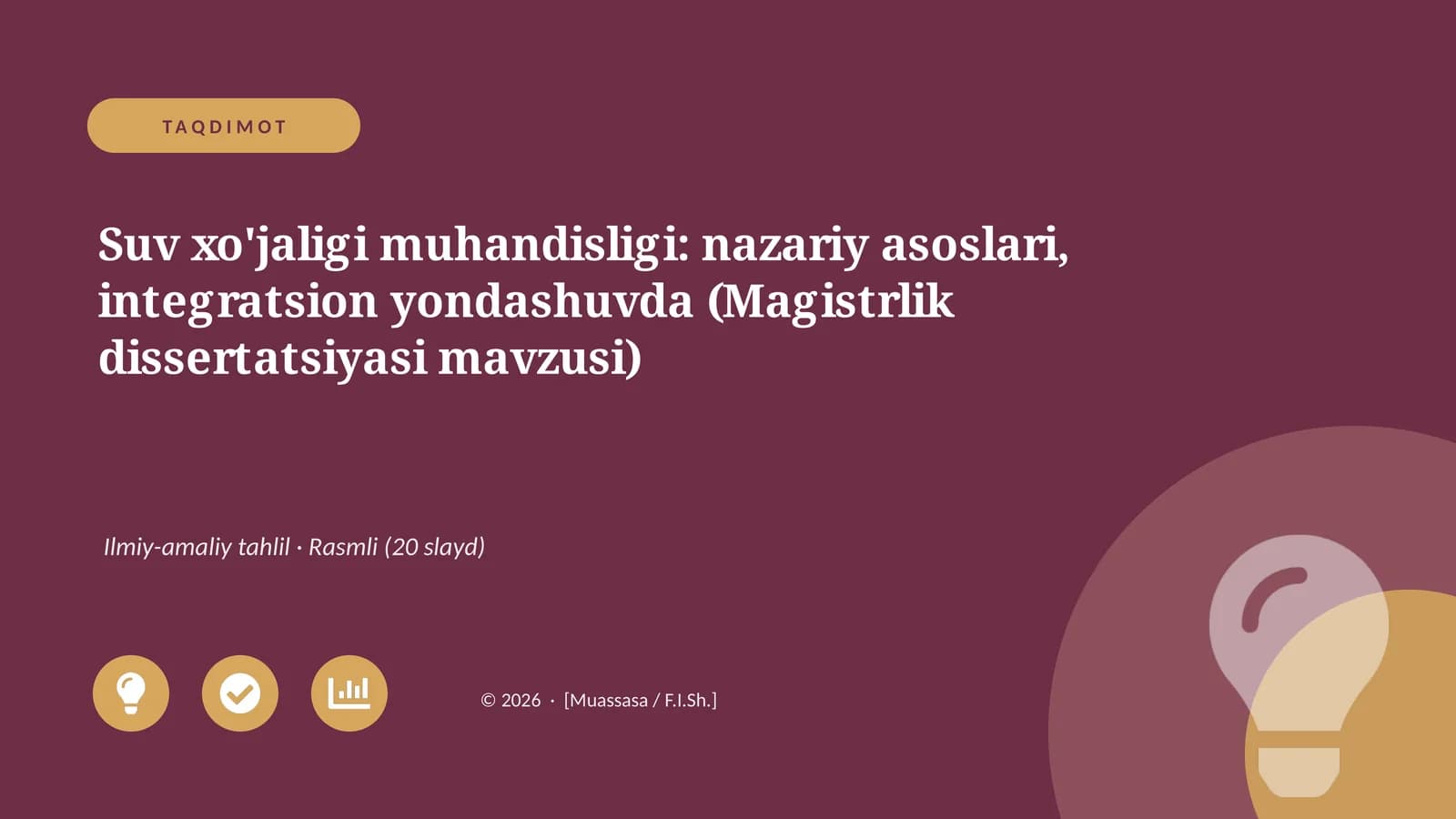 Suv xo'jaligi muhandisligi: nazariy asoslari, integratsion yondashuvda (Magistrlik dissertatsiyasi mavzusi)