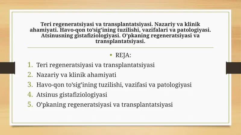 Teri regeneratsiyasi va transplantatsiyasi. Nazariy va klinik ahamiyati. Havo-qon to’sig’ining tuzilishi, vazifalari va patologiyasi. Atsinusning gistafiziologiyasi. O’pkaning regeneratsiyasi va transplantatsiyasi