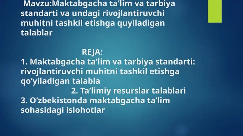 Maktabgacha taʼlim va tarbiya standarti va undagi rivojlantiruvchi muhitni tashkil etishga quyiladigan talablar