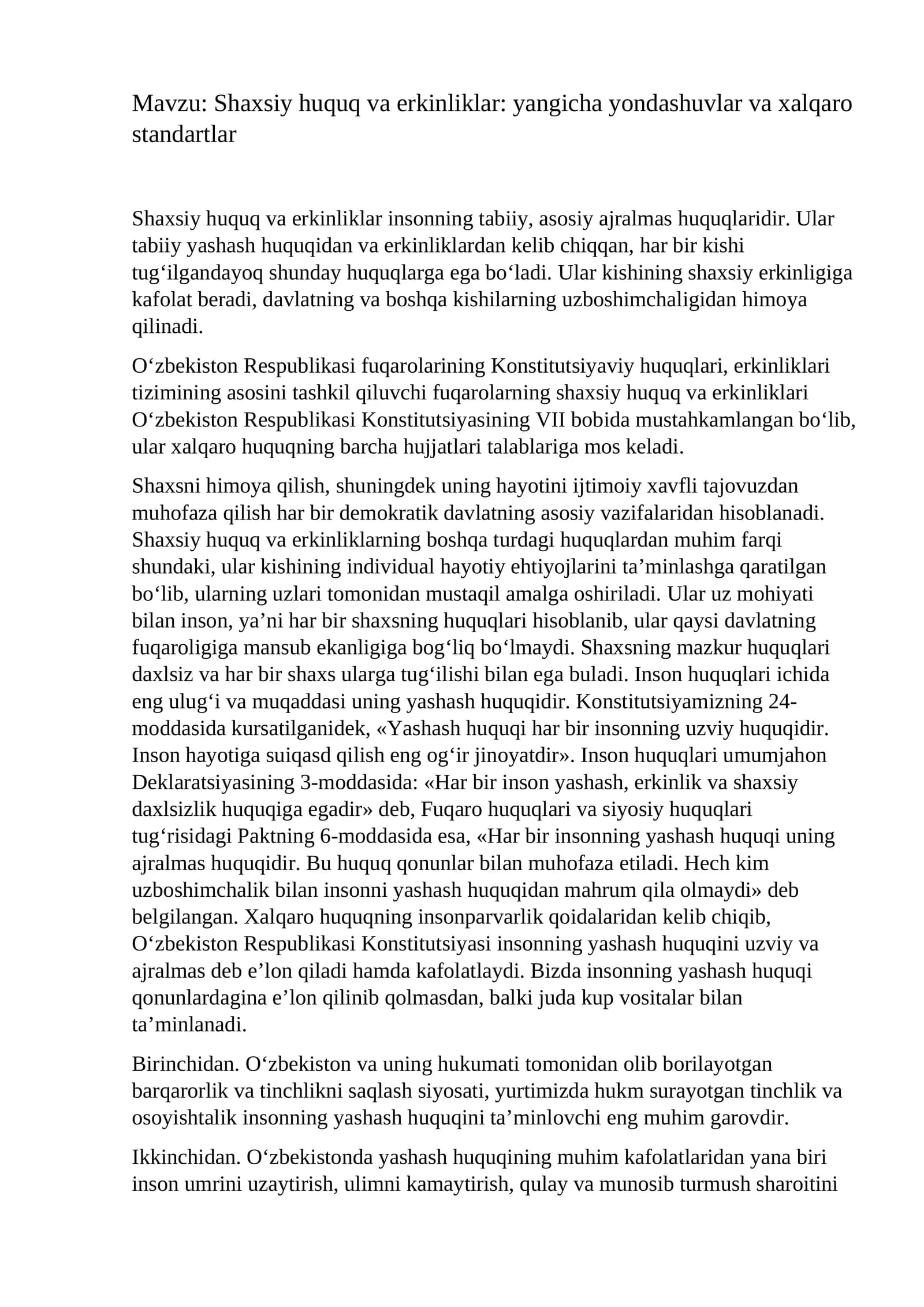 Shaxsiy huquq va erkinliklar: yangicha yondashuvlar va xalqaro standartlar