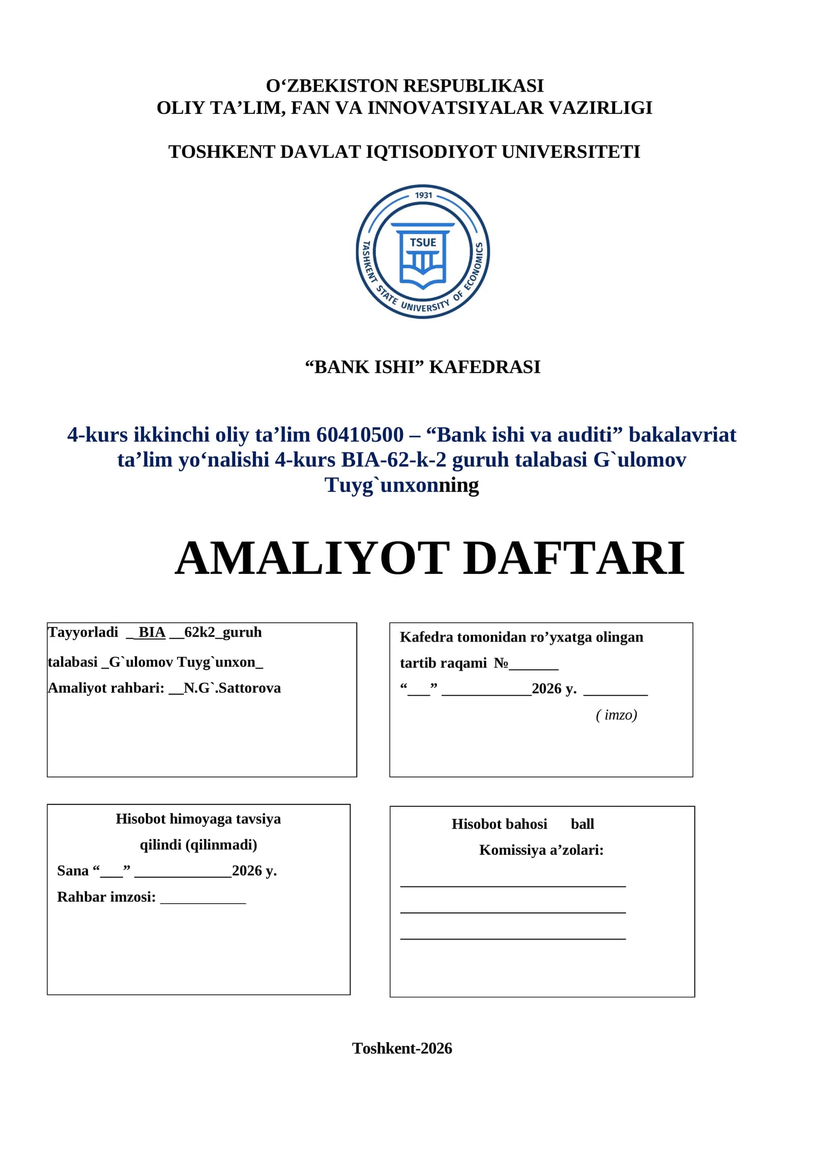 Octobank amaliyot daftari tayyori