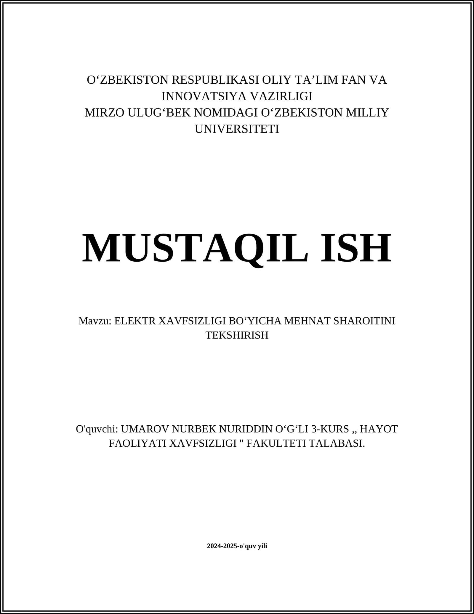 ELEKTR XAVFSIZLIGI BOʻYICHA MEHNAT SHAROITINI TEKSHIRISH