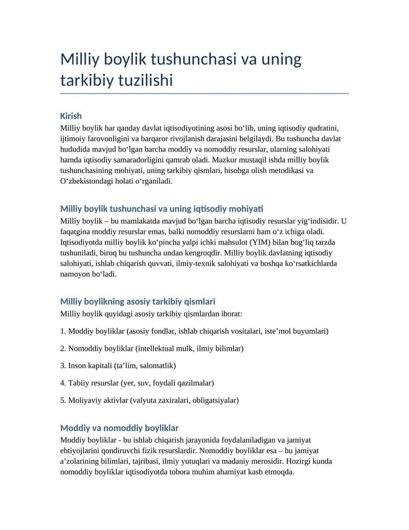 Milliy boylik tushunchasi va uning tarkibiy tuzilishi