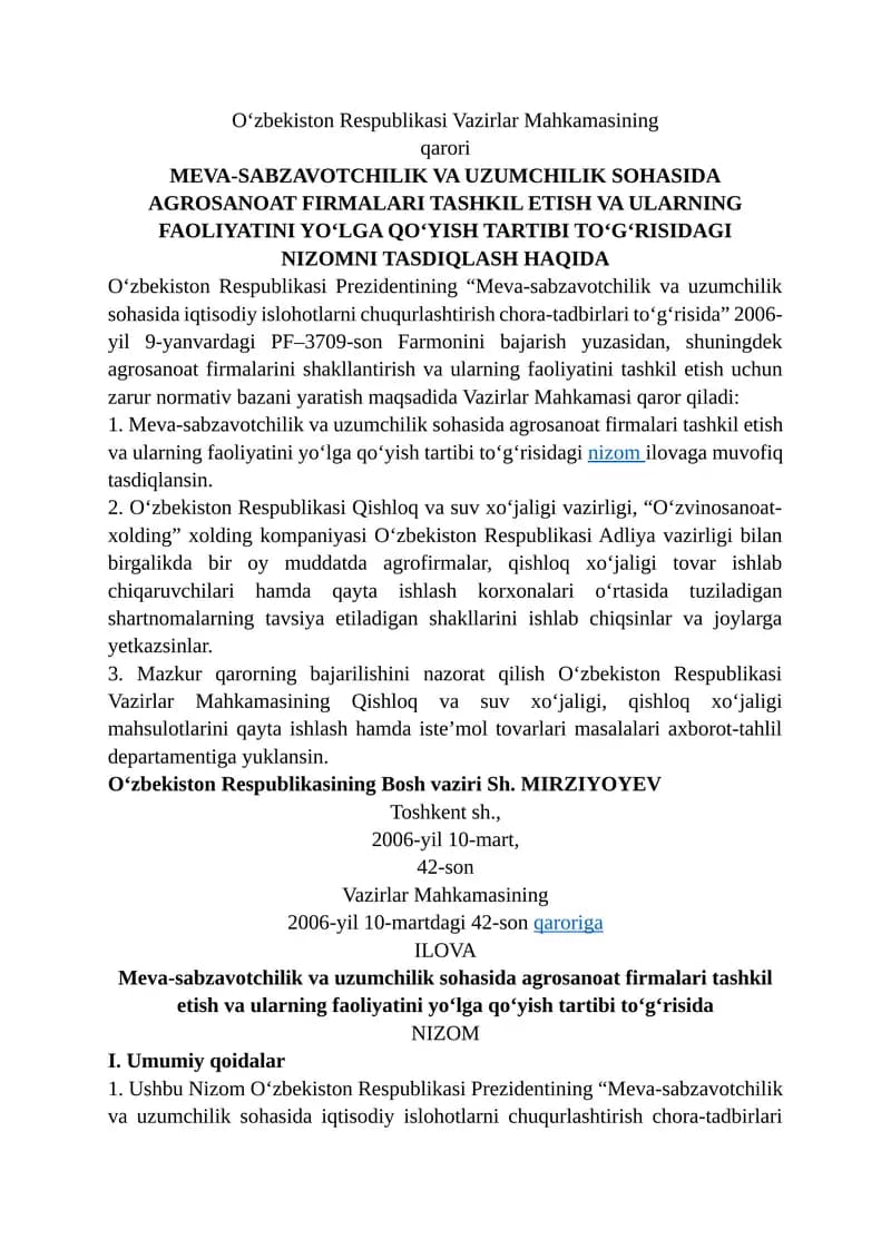 Meva-sabzavotchilik va uzumchilik sohasida agrosanoat firmalari tashkil etish va ularning faoliyatini yo‘lga qo‘yish tartibi