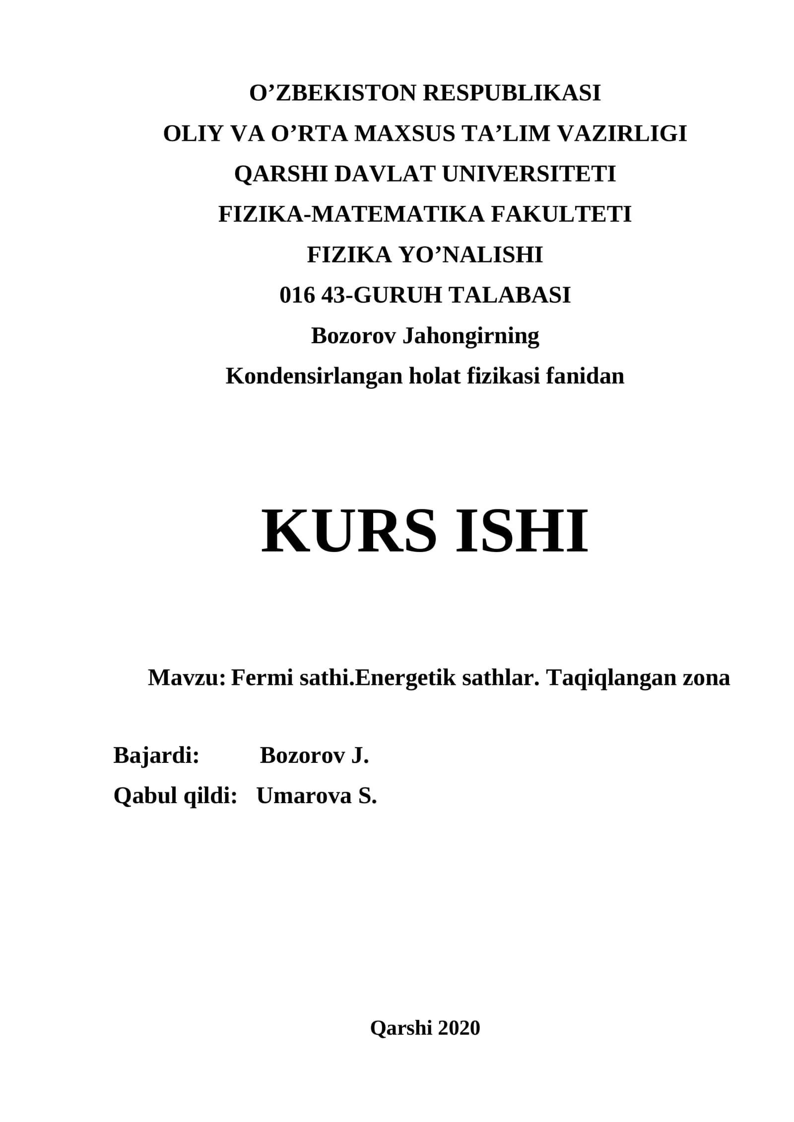 Kondensirlangan holat fizikasi fanidan KURS ISHI