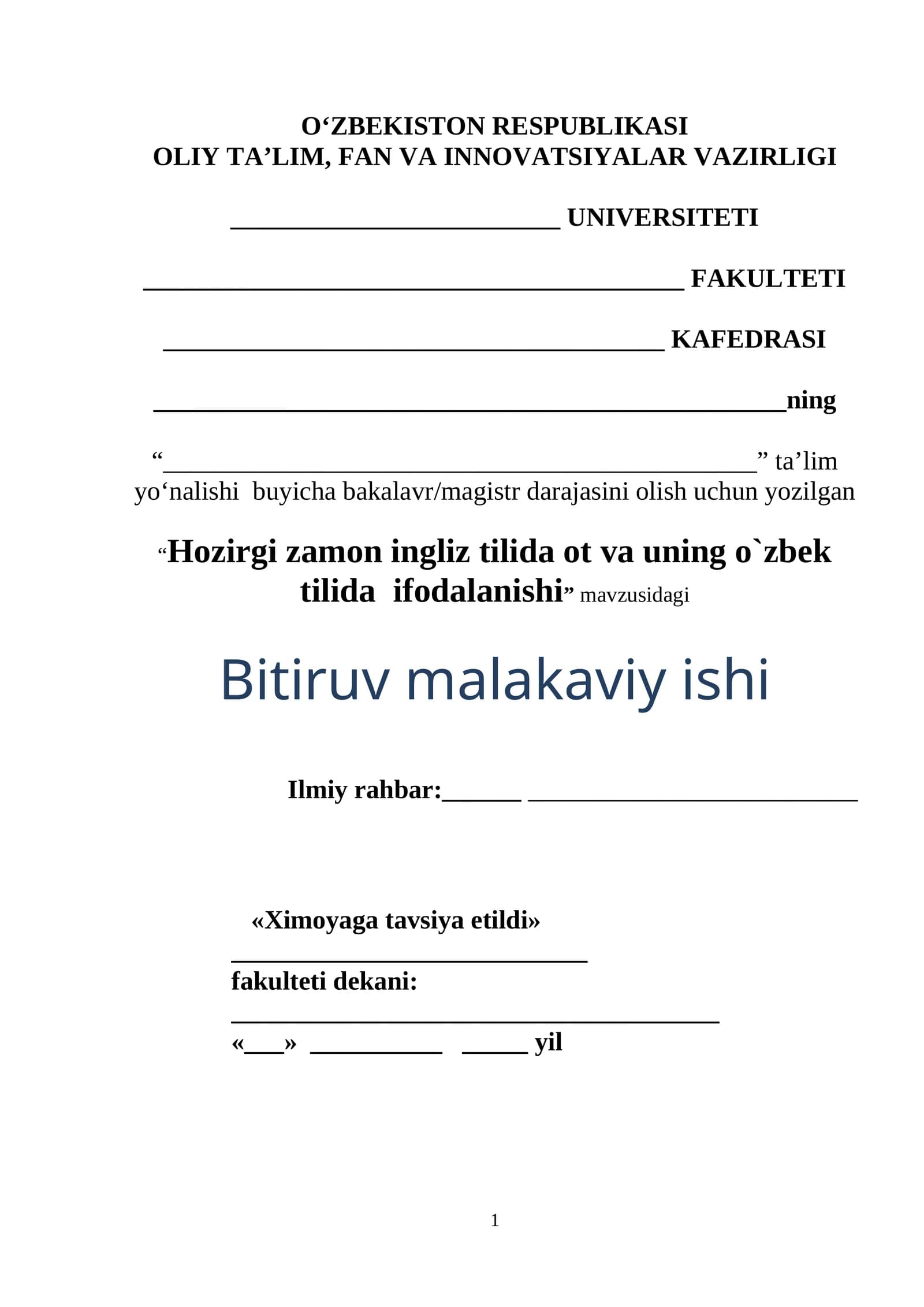 Hozirgi zamon ingliz tilida ot va uning o`zbek tilida ifodalanishi