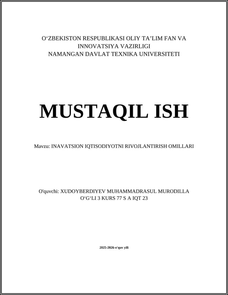 INAVATSION IQTISODIYOTNI RIVOJLANTIRISH OMILLARI