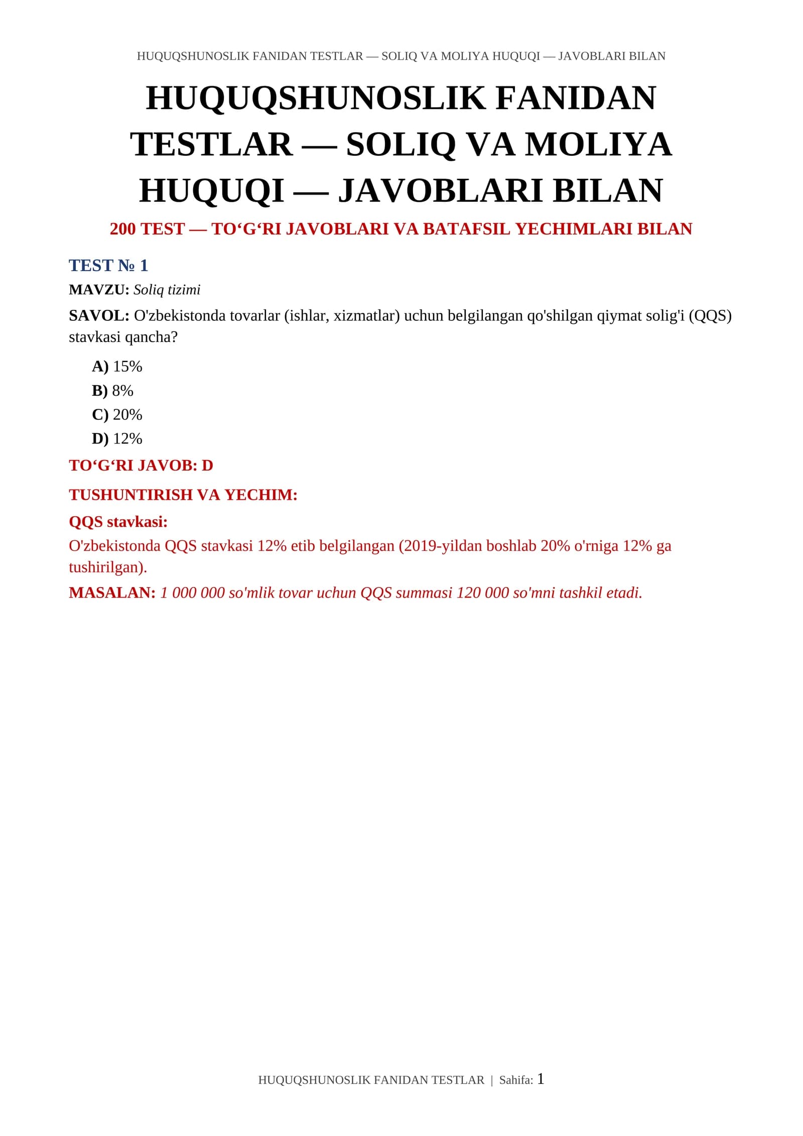 HUQUQSHUNOSLIK FANIDAN TESTLAR
