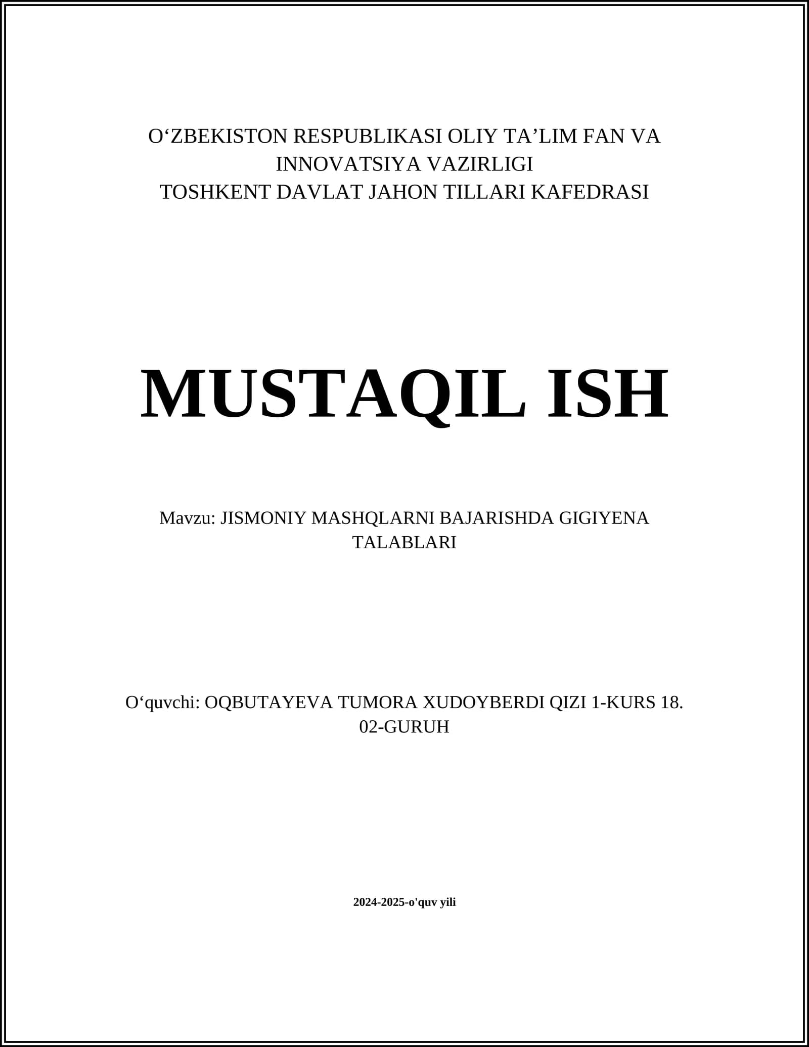JISMONIY MASHQLARNI BAJARISHDA GIGIYENA TALABLARI