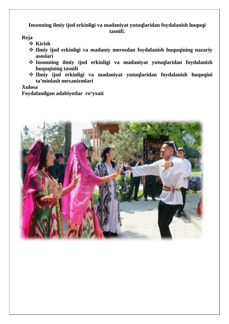 Insonning ilmiy ijod erkinligi va madaniyat yutuqlaridan foydalanish huquqi tasnifi