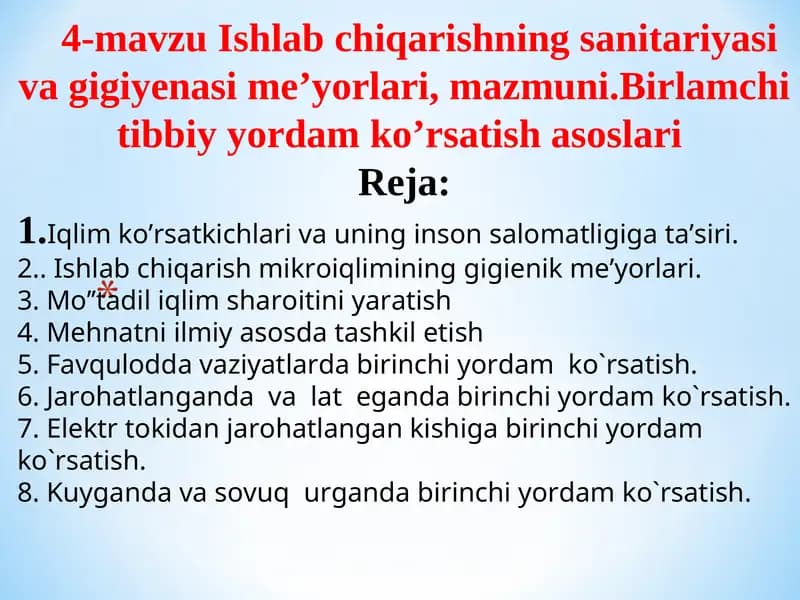 Ishlab chiqarishning sanitariyasi va gigiyenasi me’yorlari