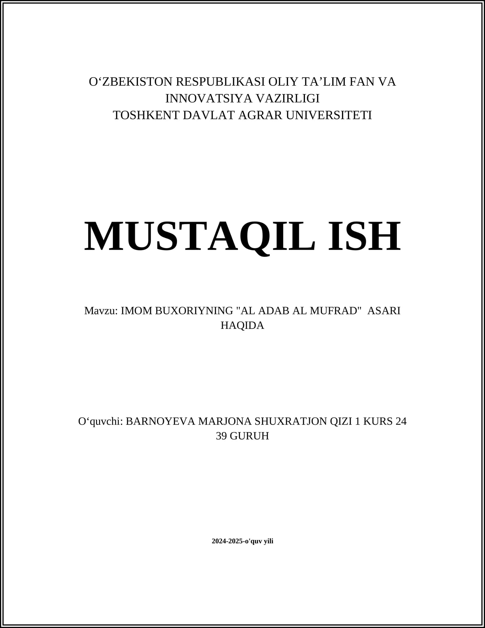 IMOM BUXORIYNING "AL ADAB AL MUFRAD" ASARI HAQIDA