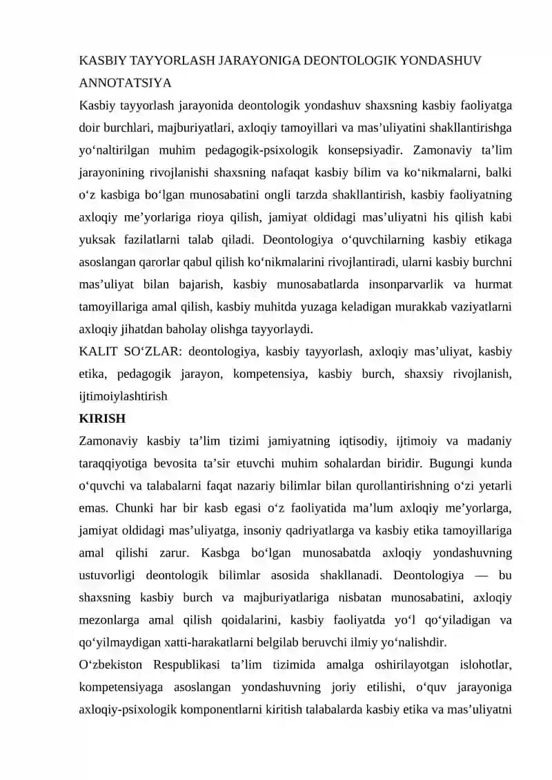 Kasbiy Tayyorlash Jarayoniga Deontologik Yondashuv