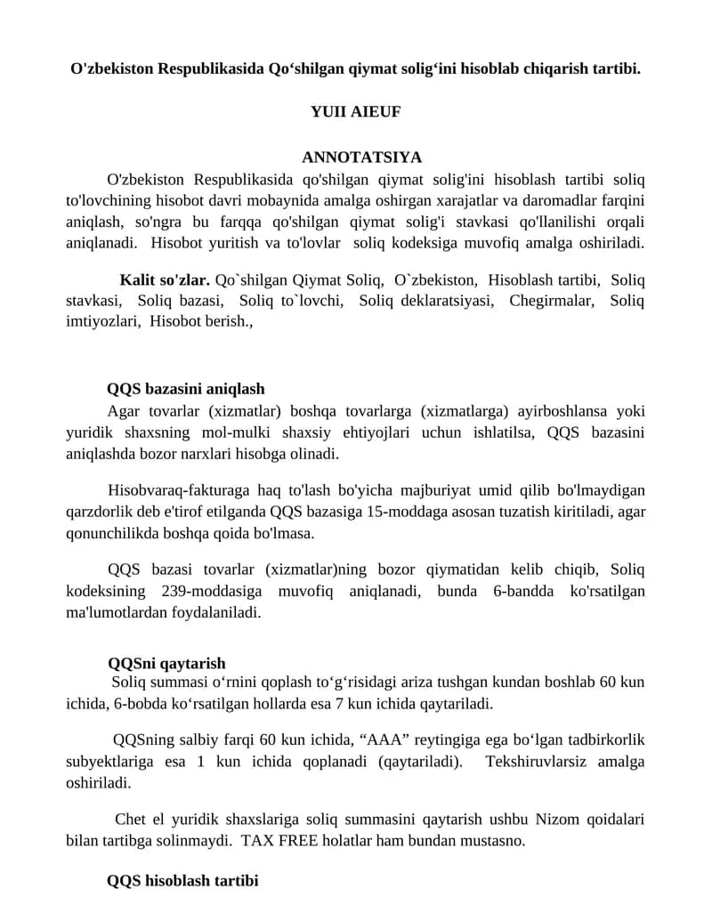 O'zbekiston Respublikasida Qoʻshilgan qiymat soligʻini hisoblab chiqarish tartibi