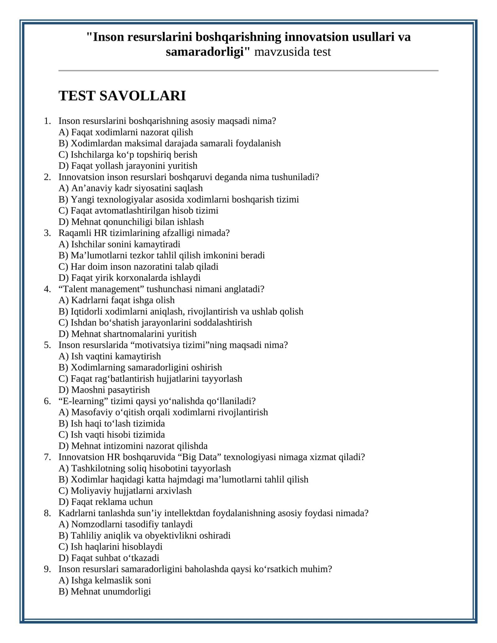 TEST Inson resurslarini boshqarishning innovatsion usullari va samaradorligi