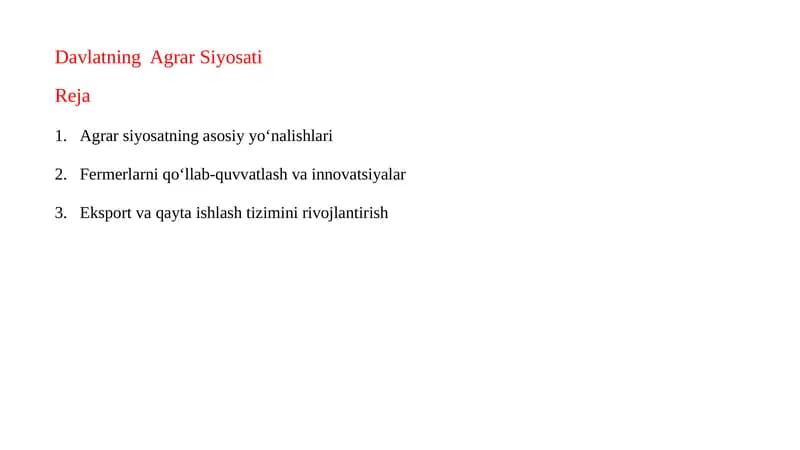 Agrar Siyosatning Asosiy Yo'nalishlari