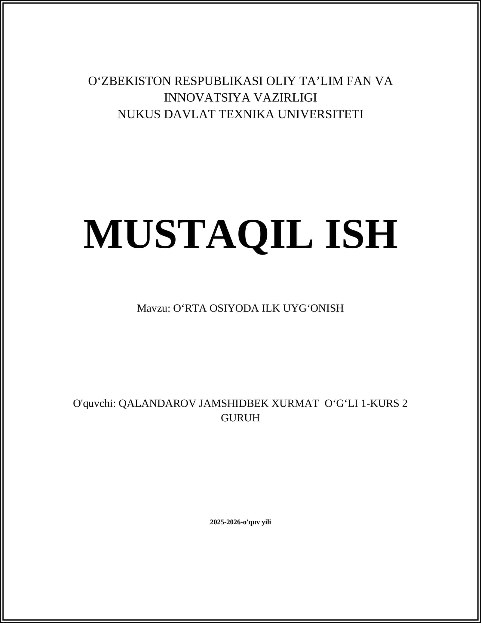 OʻRTA OSIYODA ILK UYGʻONISH