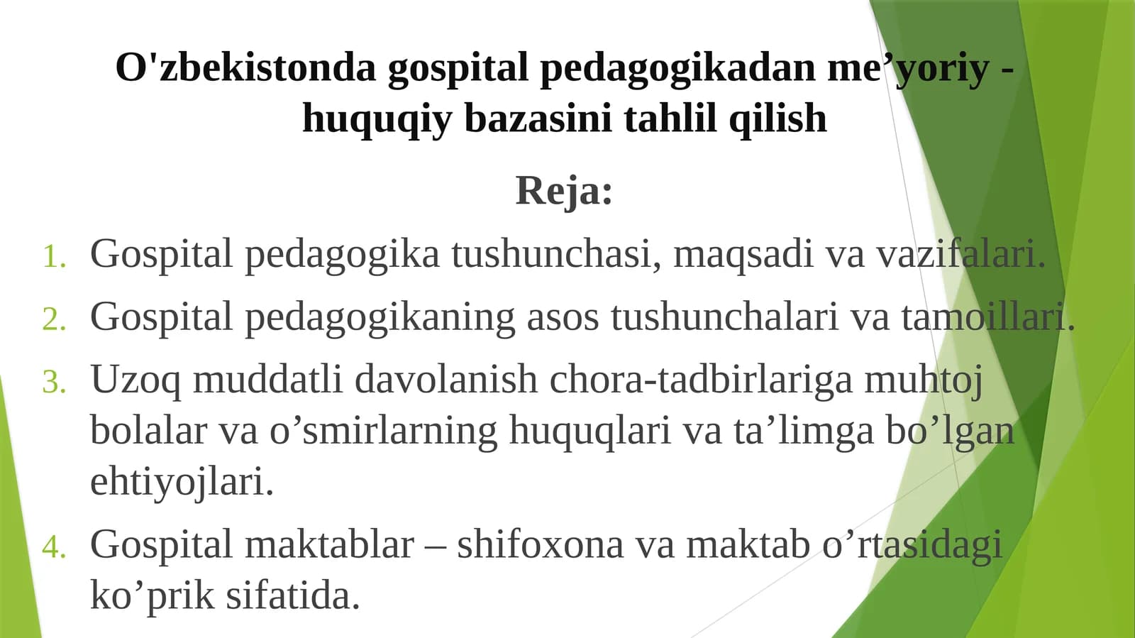 O'zbekistonda gospital pedagogikadan me'yoriy - huquqiy bazasini tahlil qilish