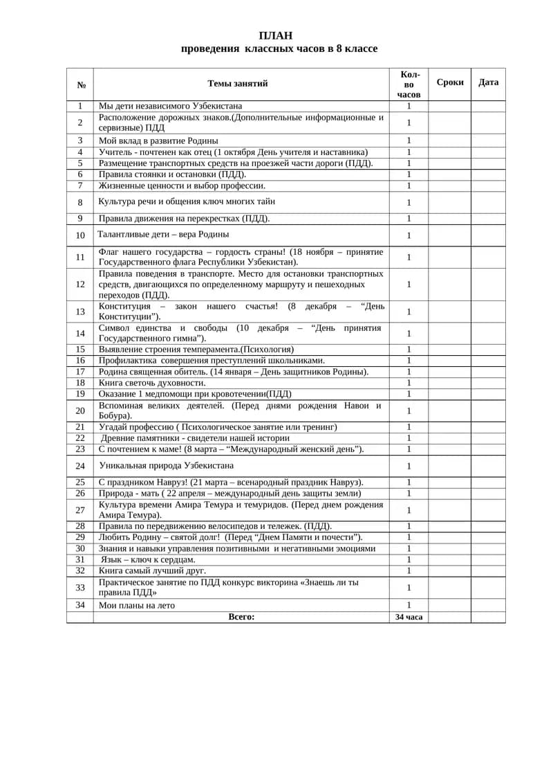 ПЛАН проведения классных часов в 8 классе