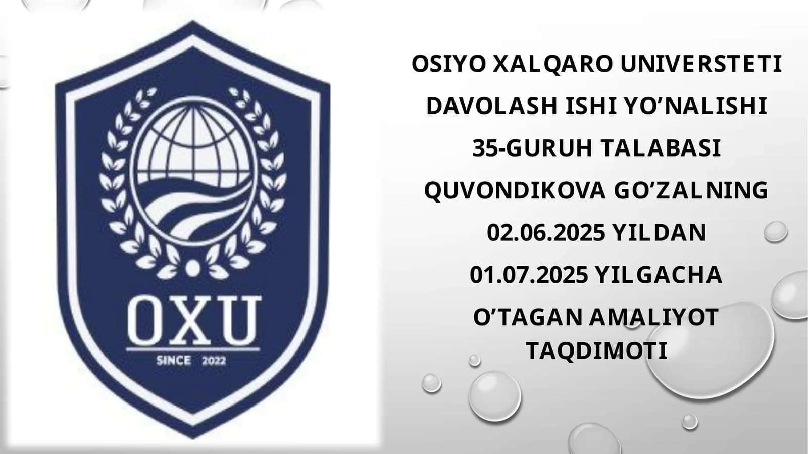 Osiyoxalqarouniversteti Davolashishiyo’nalishi