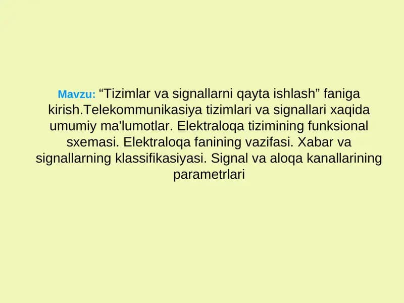 “Tizimlar va signallarni qayta ishlash” faniga kirish