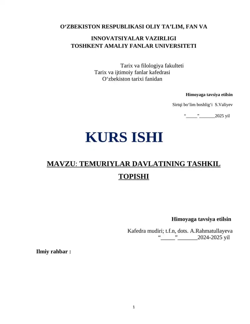 TEMURIYLAR DAVLATINING TASHKIL TOPISHI