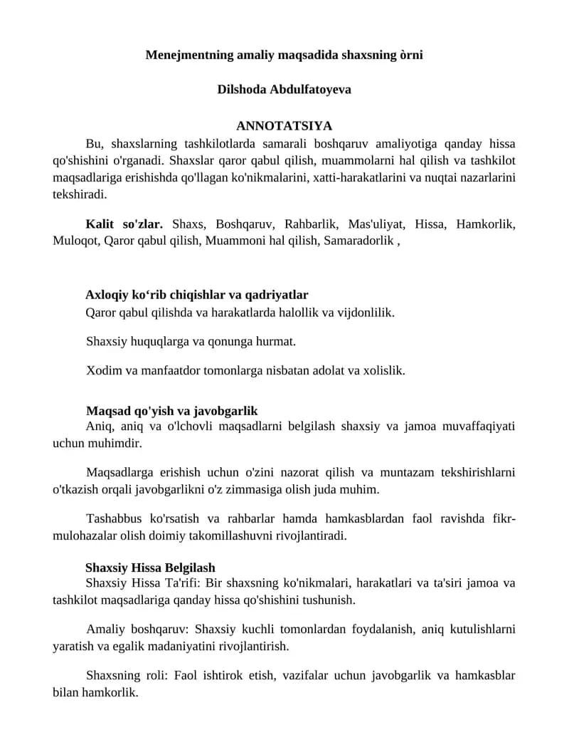 Menejmentning amaliy maqsadida shaxsning òrni